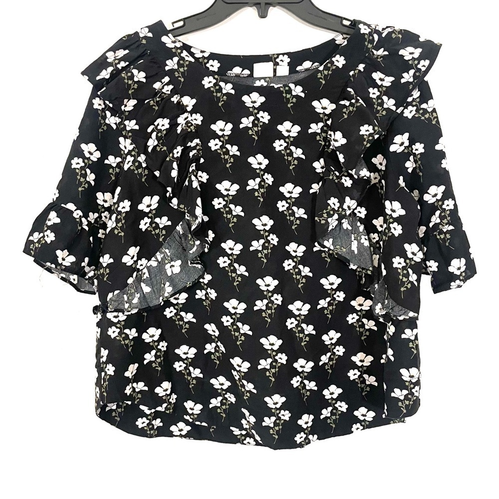 Gap Top Womens M Black White Floral Ruffle Sleeve Shoulder Blouse Cottagecore